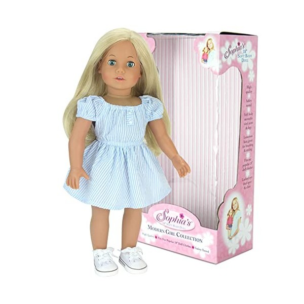 Sophias - 18" Poupee - Doll Blonde avec Robe à Rayures Bleues et Blanches, Baskets en Toile Blanche et sous-vêtements imprim