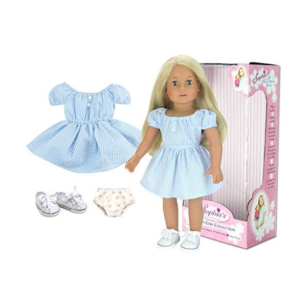 Sophias - 18" Poupee - Doll Blonde avec Robe à Rayures Bleues et Blanches, Baskets en Toile Blanche et sous-vêtements imprim