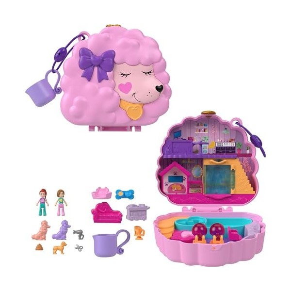 Polly Pocket Ensemble de jeu compact, Groom & Glam Caniche avec 2 micro poupées, changement de couleur et jeu deau