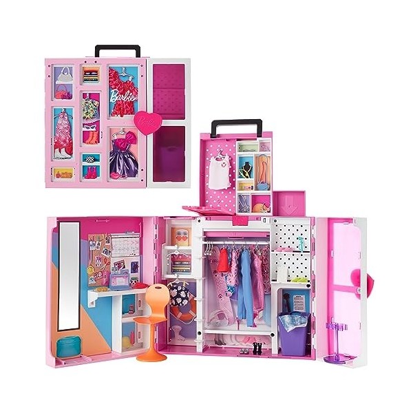 Barbie Dressing De Rêve Avec Espace Jeu Sur 2 Niveaux, Plus De 60 Cm De Large, Plus De 15 Espaces Rangement, Tenues Et Access