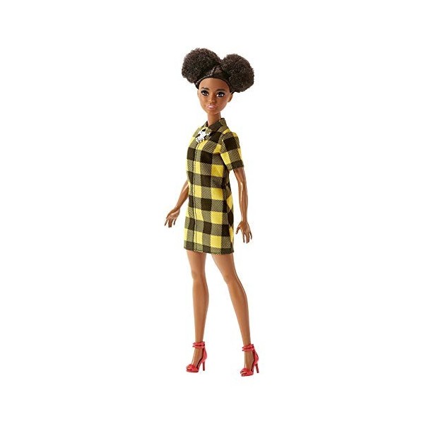 Barbie Fashionistas poupée mannequin 80 avec chignons noirs et robe chemise à carreaux jaunes, jouet pour enfant, FJF45