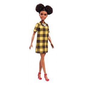 Barbie Fashionistas poupée mannequin 80 avec chignons noirs et robe chemise à carreaux jaunes, jouet pour enfant, FJF45
