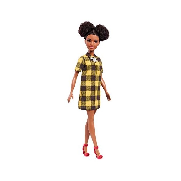 Barbie Fashionistas poupée mannequin 80 avec chignons noirs et robe chemise à carreaux jaunes, jouet pour enfant, FJF45