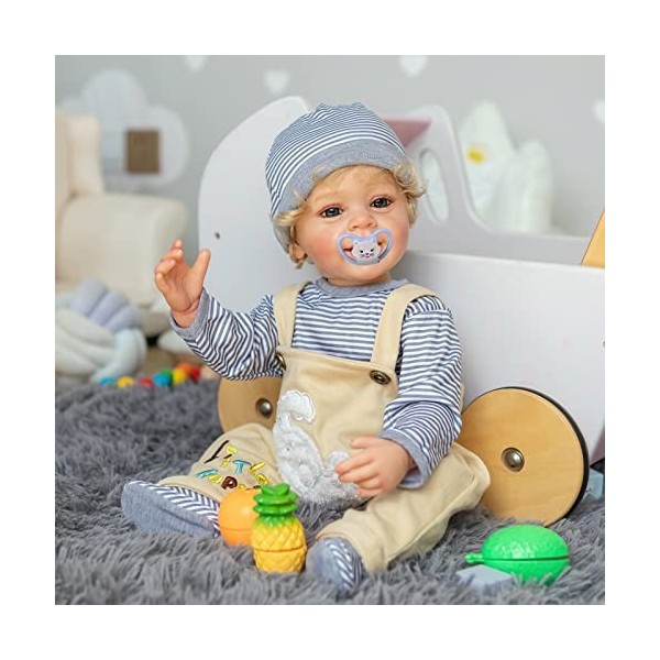 MineeQu 22 Pouce Cheveux Longs Reborn Baby Doll en Silicone Complet du Corps Vinyle Anatomiquement Correct Doux Souriant Nouv