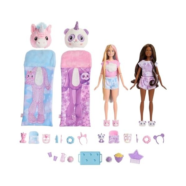 Barbie Coffret Poupée Cutie Reveal Soirée Pyjama Série T-Shirt Confort Avec 2 Poupées Articulées, 2 Animaux De Compagnie, Plu