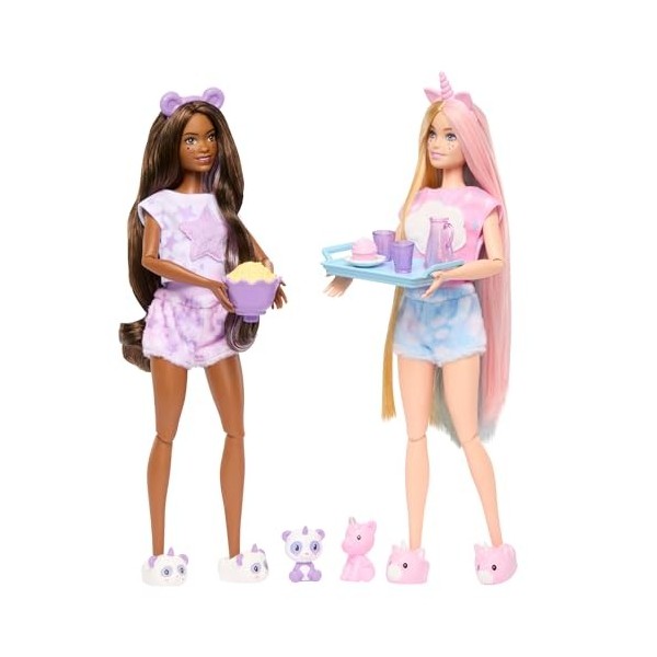 Barbie Coffret Poupée Cutie Reveal Soirée Pyjama Série T-Shirt Confort Avec 2 Poupées Articulées, 2 Animaux De Compagnie, Plu