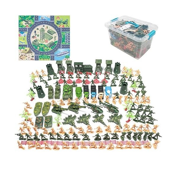 URFEDA 170 pièces Mini Figurine Jouet de Soldats Ensemble de Jeu Militaire pour Enfant avec Mini Véhicules de Char Vert, Héli