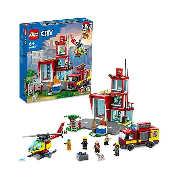 LEGO 60320 City Fire La Caserne des Pompiers, Set avec Garage, Jouet Camion et Hélicoptère pour Les Enfants dès 6 Ans