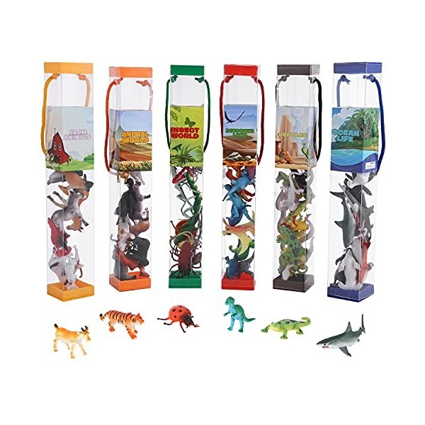 JOKFEICE Lot de 74 Figurines danimaux réalistes Mini Dinosaures Animaux de la Ferme sans Odeur Chimique Jouets éducatifs Cad