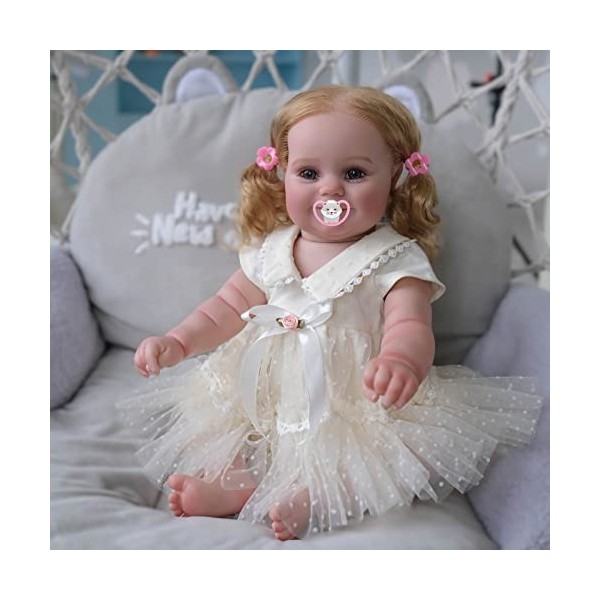 MineeQu 50CM Real Life Preemie Taille Cheveux Blonds Enracinés Doux Sourire Poupée Bébé renaître Silicone Vinyle Complet Réal