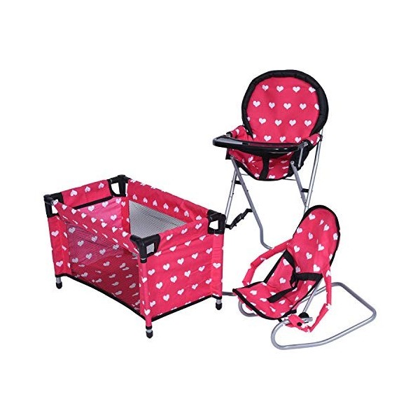 THE NEW YORK DOLL COLLECTION Doll Mega Set Chaise Haute, 3-1 transat et Pack n Play de Couleur Rouge pour poupées de 18 Pouce