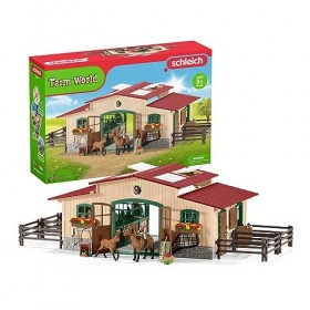 schleich 42195 FARM WORLD – Écurie avec chevaux et accessoires, coffret de 96 pièces avec 2 chevaux, figurine de cavalier et 