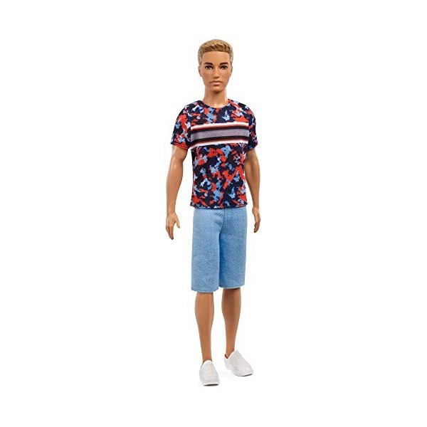 Barbie Fashionistas poupée mannequin 118 Ken avec haut camouflage coloré et short bleu, jouet pour enfant, FXL65