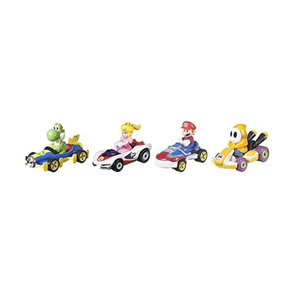 Hot Wheels Mario Kart coffret 4 mini-véhicules Yoshi, Peach, Mario et Maskass échelle 1:64, inspiré par les voitures du jeu, 