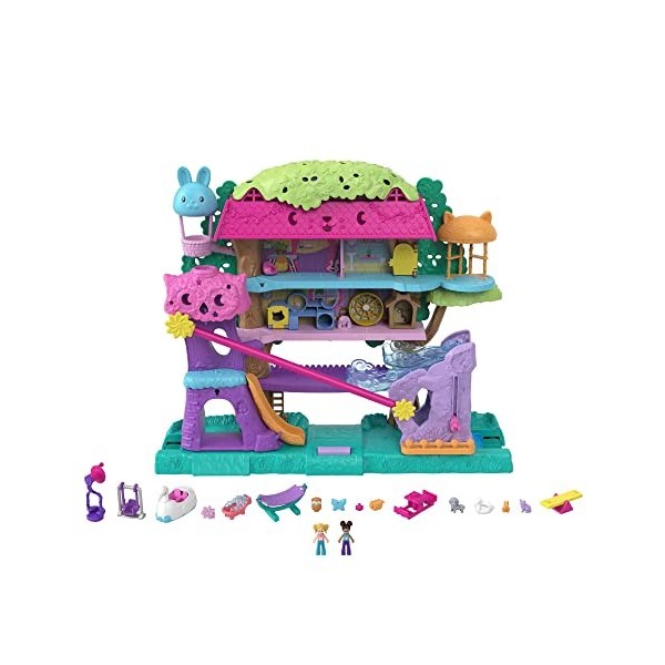 Polly Pocket Coffret La maison dans les arbres​ Pollyville, 5 étages, plus de 15 éléments de jeu dont 2 poupées, 1 véhicule e