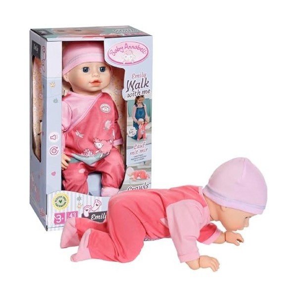 Baby Annabell Emily marche avec moi 710623 - Poupée de 43 cm avec grenouillère & bonnet roses – Poupée réaliste, fonctionne a