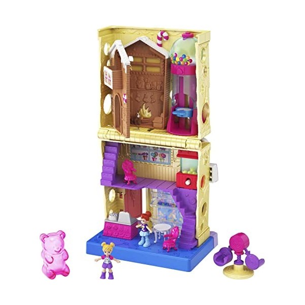 Polly Pocket Pollyville​ Confiserie sur 4 niveaux, 2 mini-figurines Polly et Lila, accessoires et autocollants, jouet enfant,