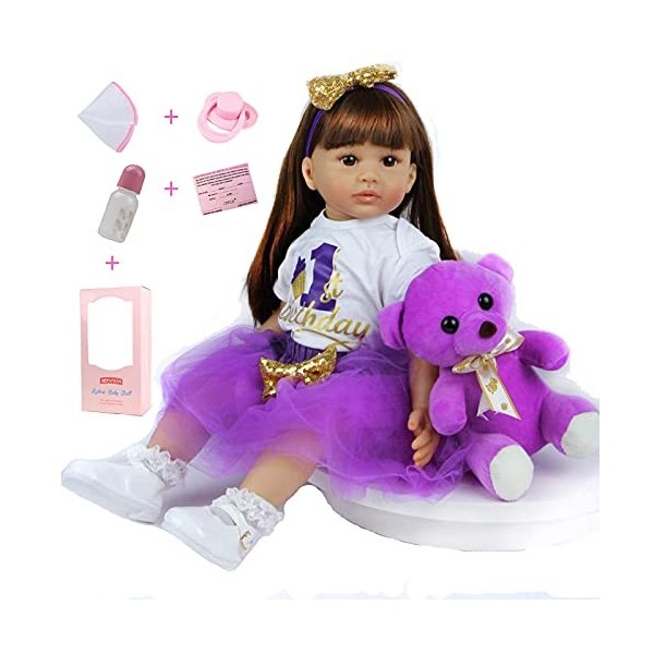 ZIYIUI 24 Pouces 60 cm Poupée Reborn Simulation Silicone Vinyle Bebe Reborn Fille Réaliste Reborn Toddler Magnétique Bouche F