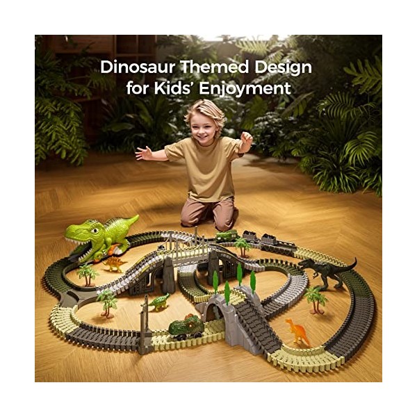 Dinosaure Jouet Piste de Course,281 Jouets Train de Dinosaures Cadeau pour  Les Enfants de 3 4 5 6 Ans,Chemins de Fer Flexibles avec 4 Dinosaures,2