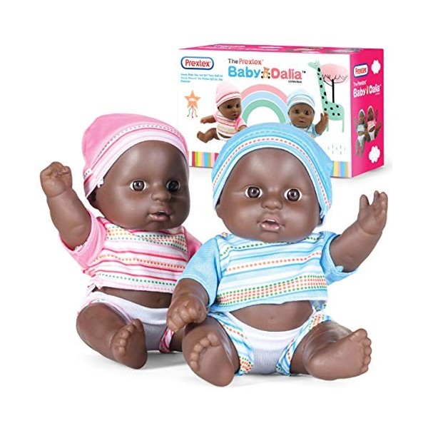 Prextex Ensemble de mini poupées jumeaux noires – 19,1 cm mignonnes bébé garçon et fille – Meilleur cadeau pour bébé et petit