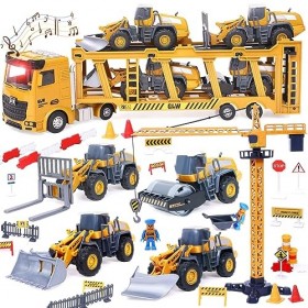 Véhicule Chantier Jouet Enfant avec Camion de Construction, Grue à Tour, Bulldozer, Rouleau compresseur, Chariot élévateur, V