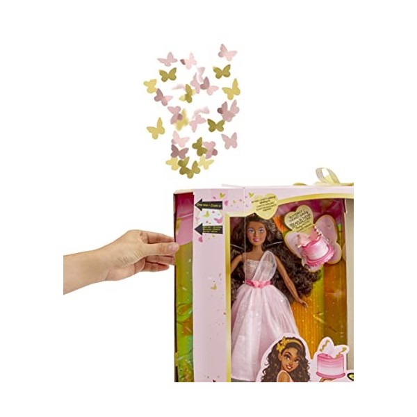 MGA Poupée Dream Ella Lets Celebrate - Yasmin - Poupée Mannequin de 29 cm aux Cheveux Noirs avec des confettis Papillons Ros