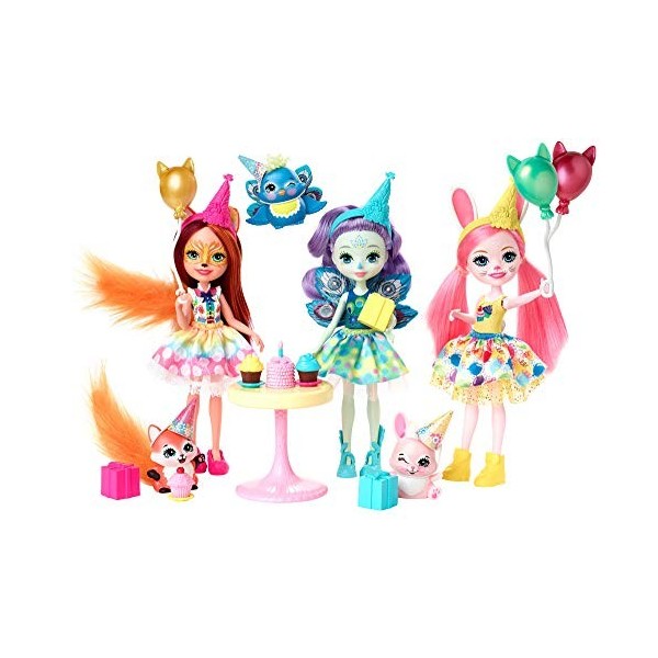 Enchantimals Coffret Anniversaire Enchanté, 3 mini-poupées, leurs figurines animales et accessoires, jouet pour enfant, GJX22