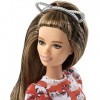 Barbie Fashionistas poupée mannequin 97 brune avec serre-tête et robe rouge à imprimés chats, jouet pour enfant, FJF57