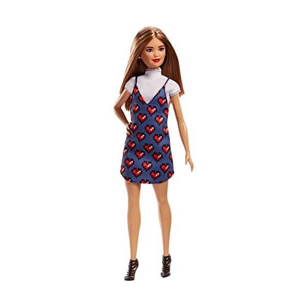 Barbie Fashionistas poupée mannequin 81 avec cheveux blonds foncés, t-shirt blanc et robe bleue à motifs cœurs rouges, jouet