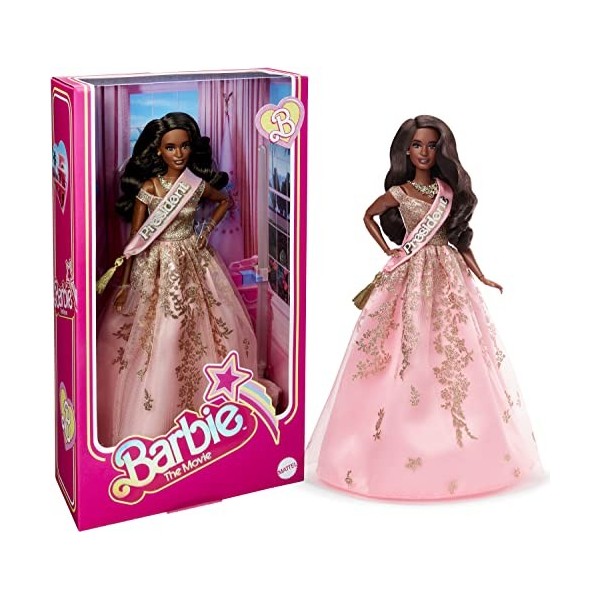 Barbie Le Film - Barbie Poupée Barbie Présidente Articulée Avec Robe Brillante Rose Et Dorée Et Écharpe De Fonction, À Collec