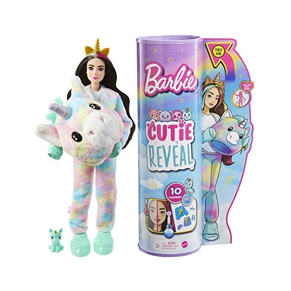 Barbie Poupée Mannequin Cutie Reveal avec costume de licorne en tissu moelleux et 10 surprises avec changent de couleur, Joue