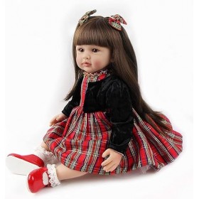 ZIYIUI Poupée Reborn de 60 cm - Aspect réaliste - En silicone souple - Jupe à carreaux - Cheveux longs - Cadeau pour enfants 