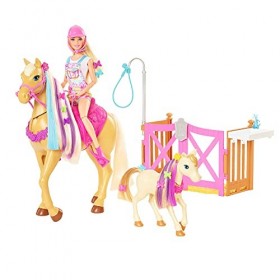 Barbie Famille coffret Toilettage des Chevaux avec poupée blonde, 2&nbsp;figurines chevaux et plus de 20&nbsp;accessoires, emballage fe