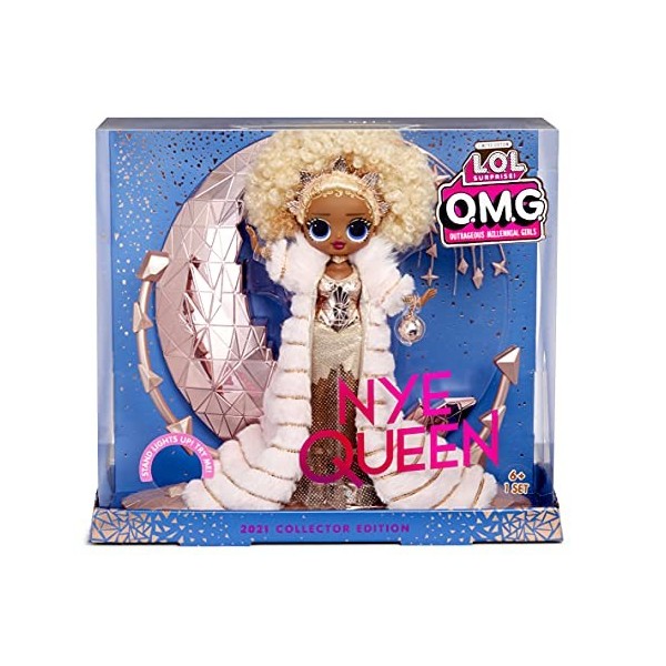 L.O.L. Surprise! Holiday OMG 2021 Poupée Mannequin de Collection - NYE Queen – avec Tenues dorées, Accessoires & Socle Qui s’