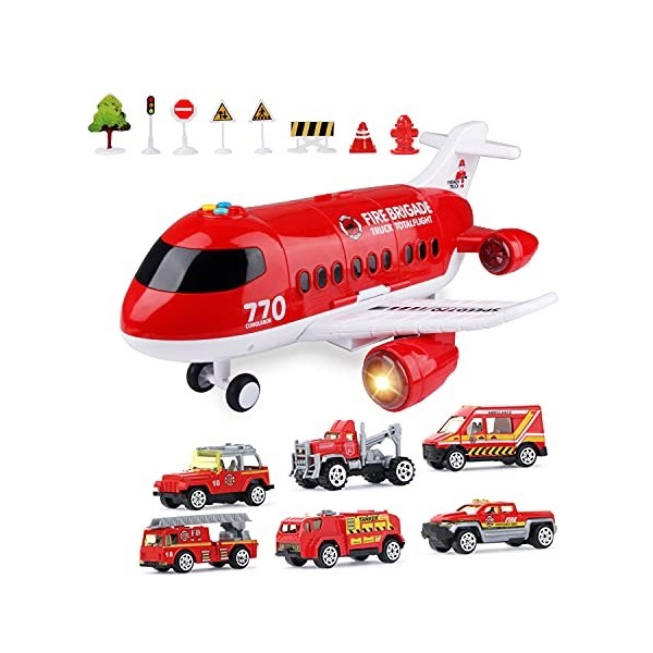 Jenilily Pompiers Avion Jouet Voiture avec Panneaux de signalisation pour Tout-Petit, camionnette, Jouet pour Enfants garçons