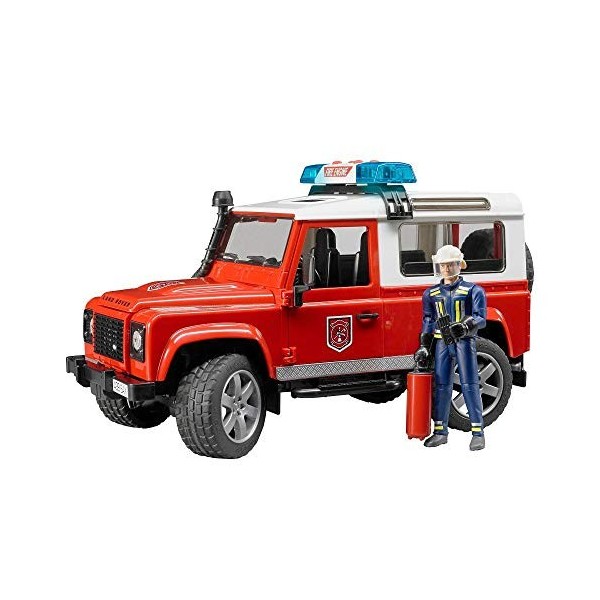 bruder 02596 - Land Rover Defender Station Wagon Véhicule dintervention des pompiers, pompier, extincteur, module son et lum