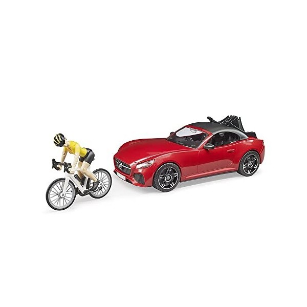 bruder 03485 - Roadster avec vélo de course, cycliste avec casque, voiture de course, voiture de sport, cabriolet, cycliste, 