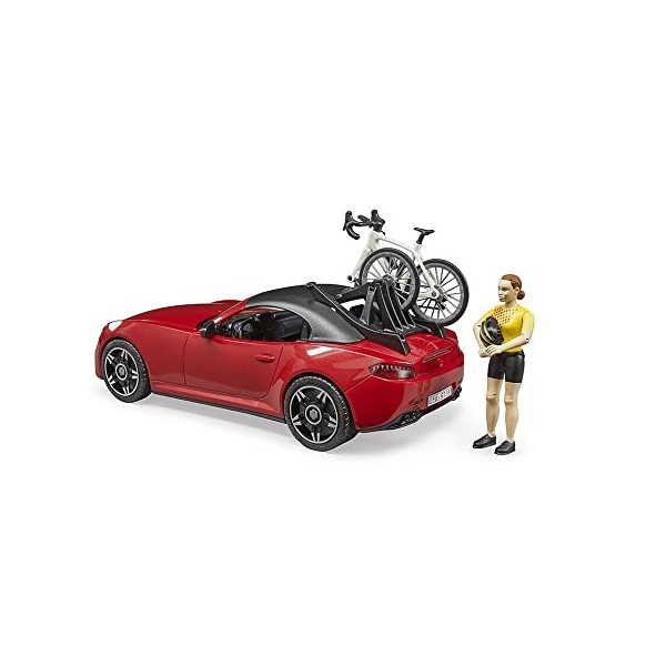 bruder 03485 - Roadster avec vélo de course, cycliste avec casque, voiture de course, voiture de sport, cabriolet, cycliste, 