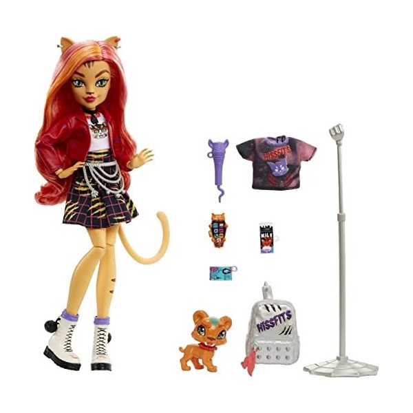 Monster High Toralei HHK57 Poupée de collection à rayures avec animaux de compagnie et accessoires Sweet Fangs G3 Reboot, mul