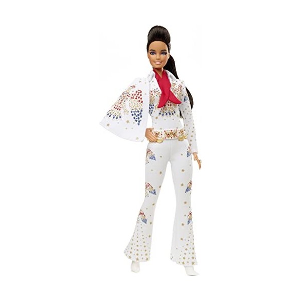 Barbie Signature poupée de collection Elvis Presley aux longs cheveux bruns portant une combinaison "jumpsuit" blanche, jouet