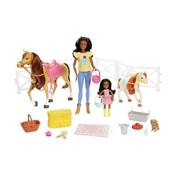 Barbie Famille coffret Amies des Animaux, poupée brune et mini-poupée Chelsea, cheval, poney, figurine de chiot et accessoire