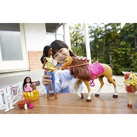 Barbie Famille coffret Amies des Animaux, poupée brune et mini-poupée Chelsea, cheval, poney, figurine de chiot et accessoire