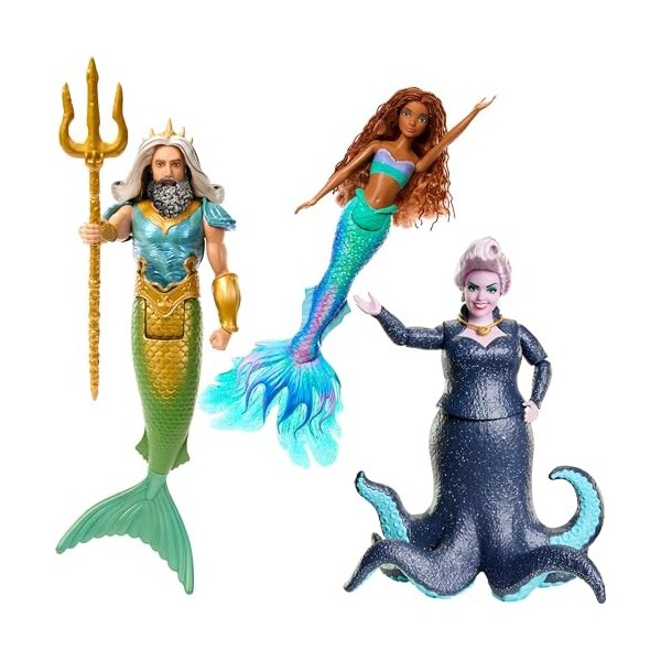 Disney Princess - La Petite Sirène Coffret De Trois Poupées Avec Le Roi Triton, Ursula Et Ariel, Accessoires Amovibles Et Ten