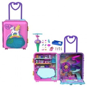 Polly Pocket Lot Coffret Valise Pollyville HKV43 + Mini-Univers Coffret Anniversaire Chiot HKV30 , 4 Mini-Figurines, 1 Voi