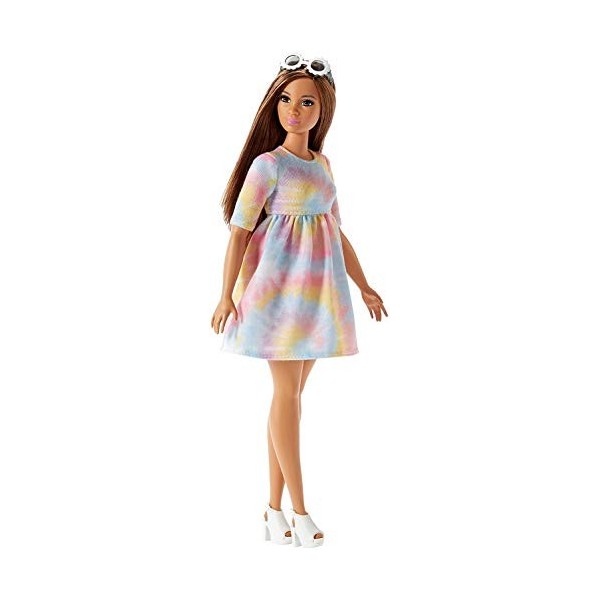 Barbie Fashionistas Poupée Mannequin 77 Brune avec Robe Tie-dye Multicolore, Jouet pour enfant, Fjf42