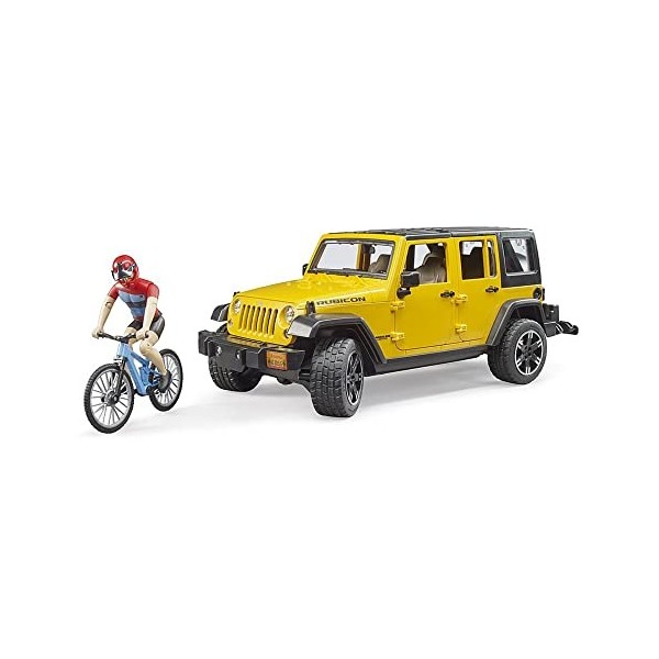 bruder 02543 - Jeep Wrangler Rubicon Unlimited avec VTT et cycliste, Véhicule tout terrain, Vélo, Figurine jouet