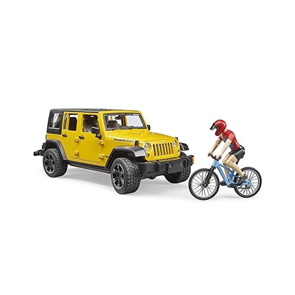 bruder 02543 - Jeep Wrangler Rubicon Unlimited avec VTT et cycliste, Véhicule tout terrain, Vélo, Figurine jouet