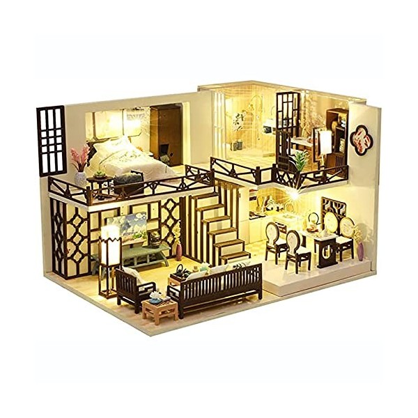 QLLL Maison de Poupée avec Meubles - Maison de Poupées en Bois Plus Anti-Poussière et Mouvement Musical - Maison Miniature a 