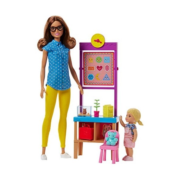 Barbie Métiers Coffret poupée Maîtresse décole aux cheveux châtains avec figurine élève blonde, tableau et accessoires, joue