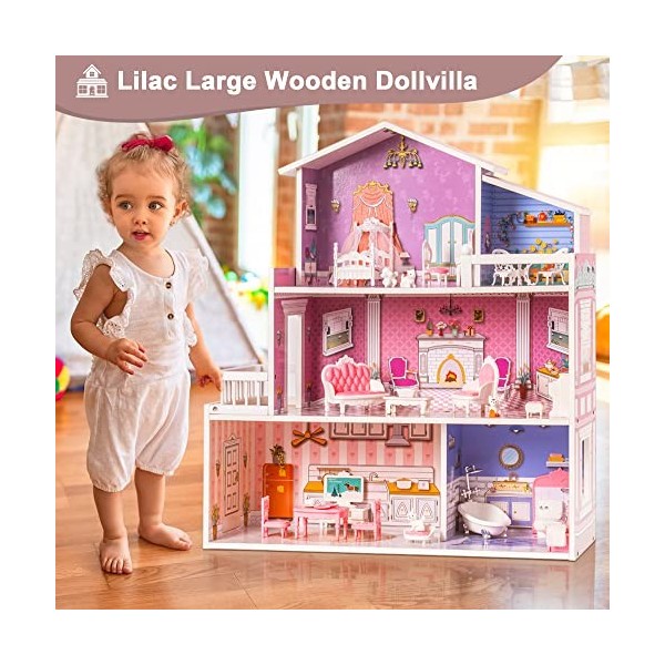 ROBUD Maison de poupée en Bois, 3 Histoires, 5 pièces, 24 pièces, Jeu de Jouets, Cadeau pour Enfants, Tout-Petits, Filles